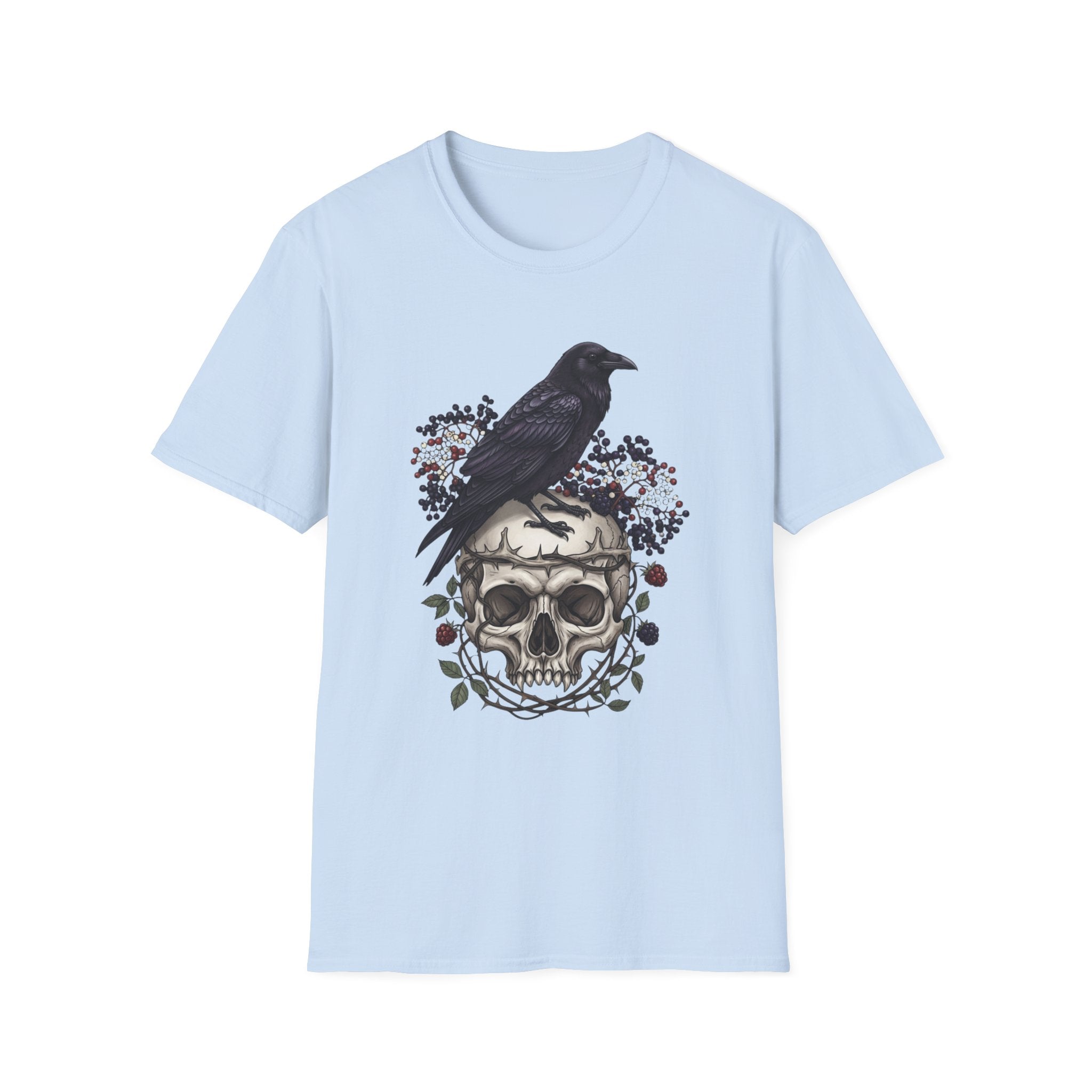 Raven on Skull Tee — Gothic Skull & Floral Graphic T-Shirt
