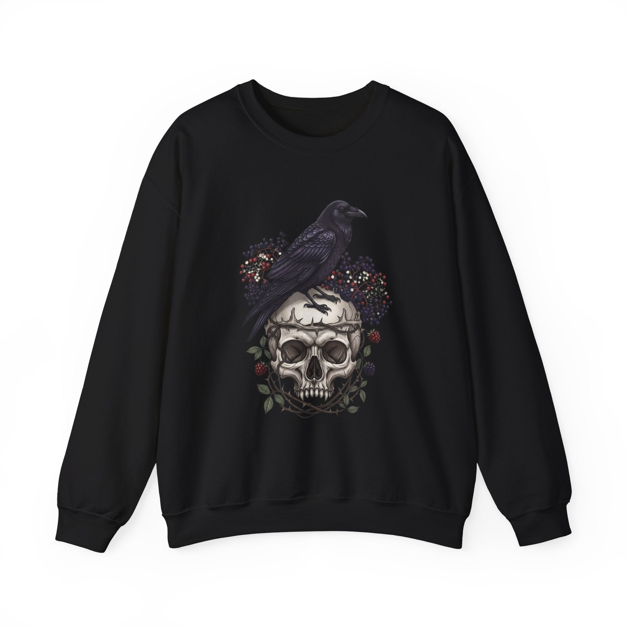 Skull & Raven Crewneck Sweatshirt — Gothic Skull, Raven & Floral Graphic