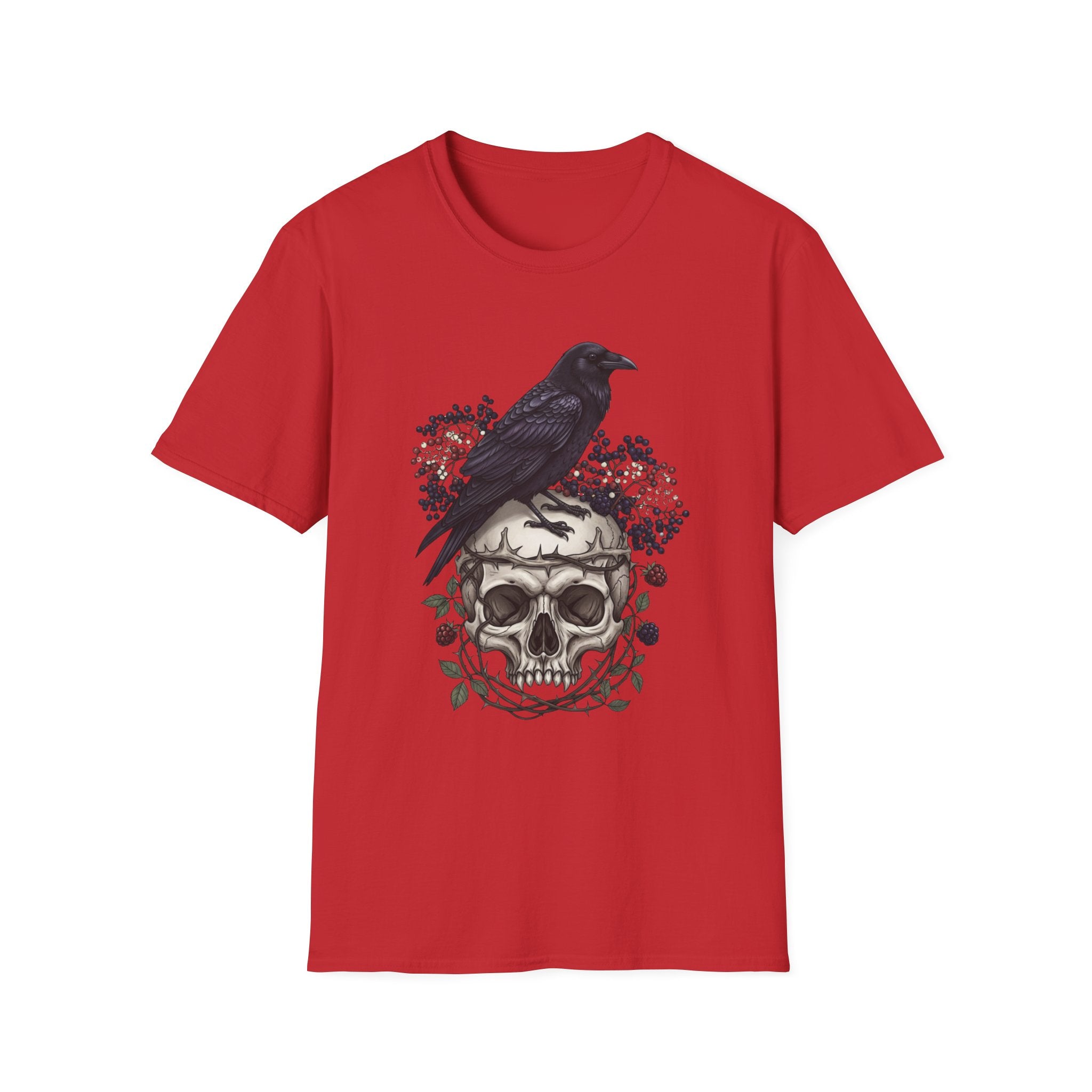 Raven on Skull Tee — Gothic Skull & Floral Graphic T-Shirt