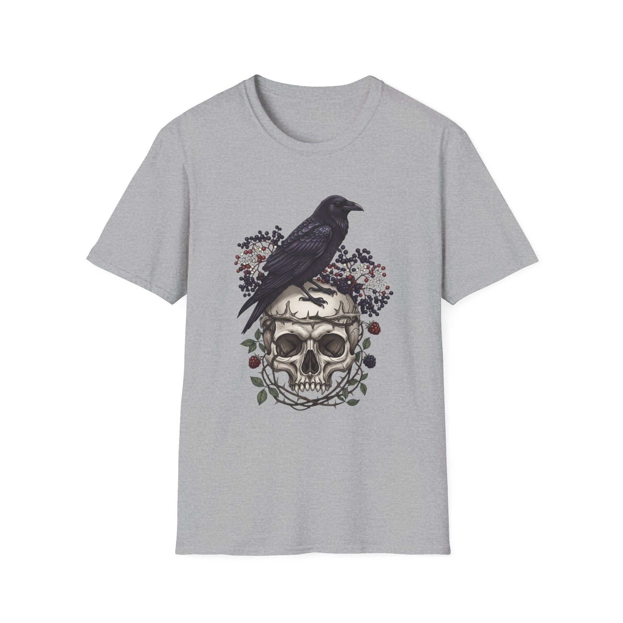 Raven on Skull Tee — Gothic Skull & Floral Graphic T-Shirt
