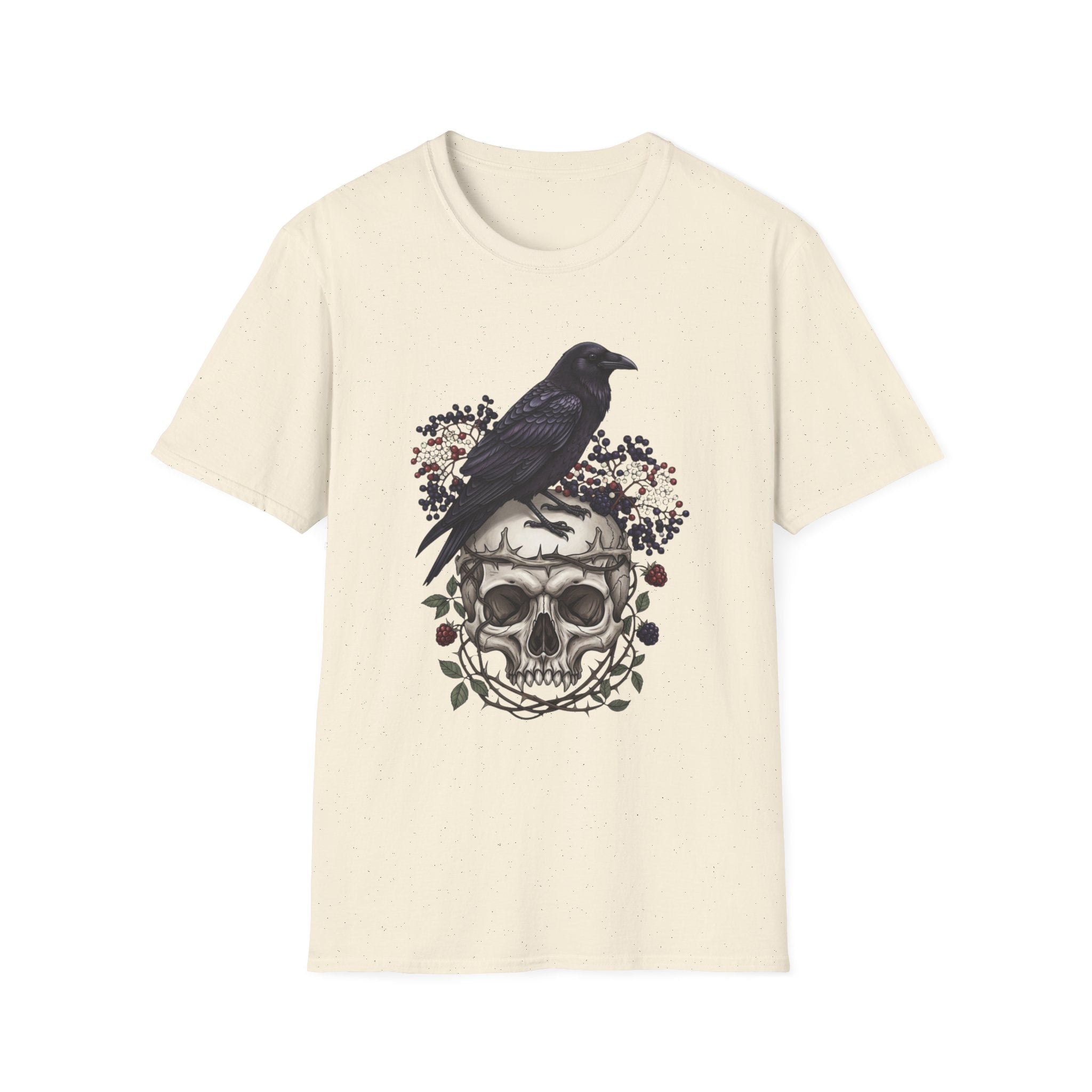 Raven on Skull Tee — Gothic Skull & Floral Graphic T-Shirt