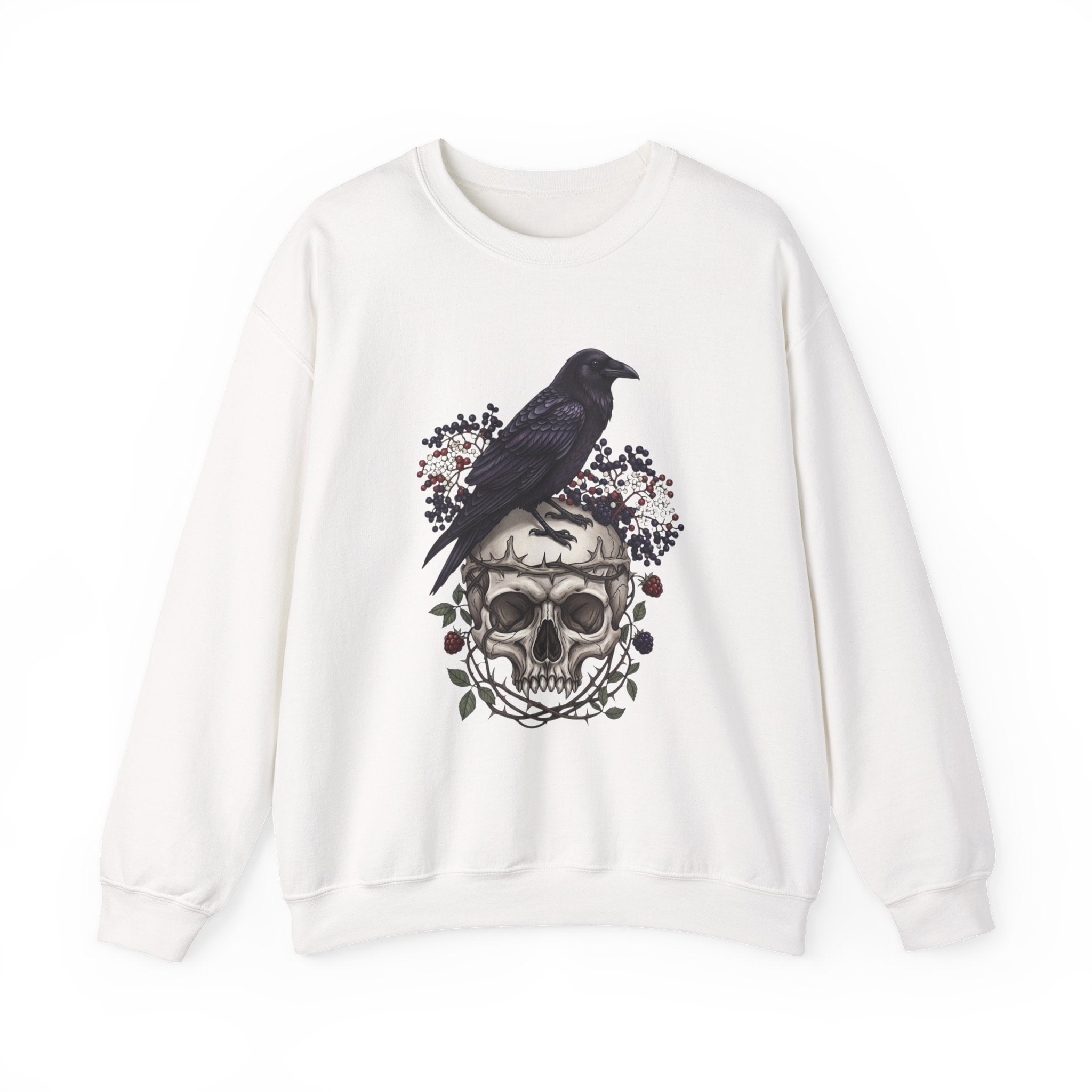 Skull & Raven Crewneck Sweatshirt — Gothic Skull, Raven & Floral Graphic