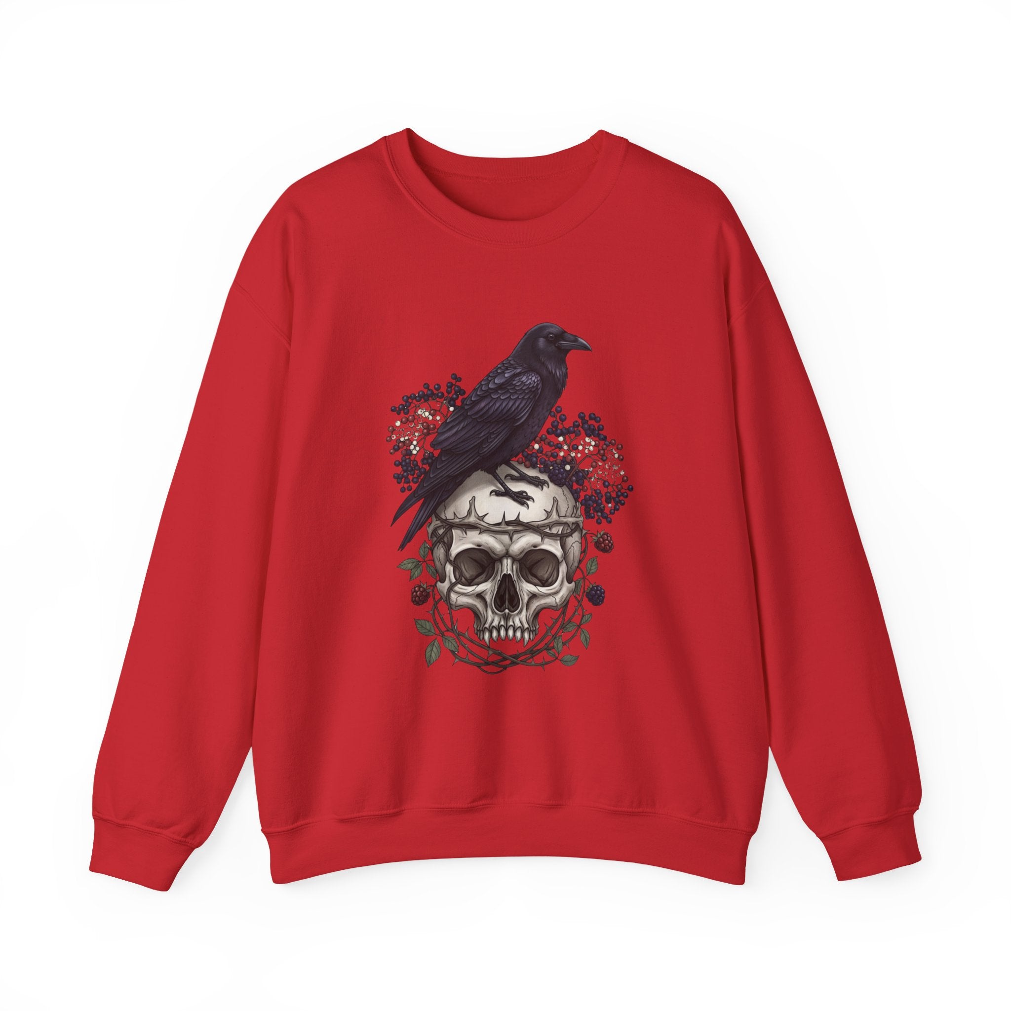 Skull & Raven Crewneck Sweatshirt — Gothic Skull, Raven & Floral Graphic