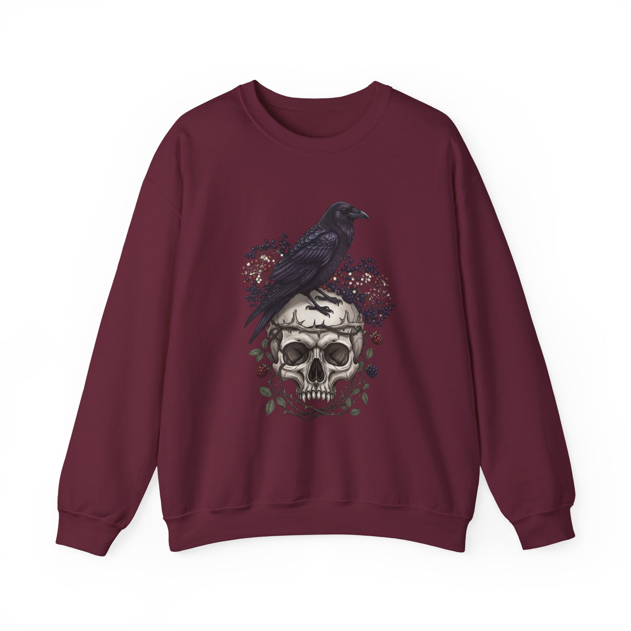 Skull & Raven Crewneck Sweatshirt — Gothic Skull, Raven & Floral Graphic