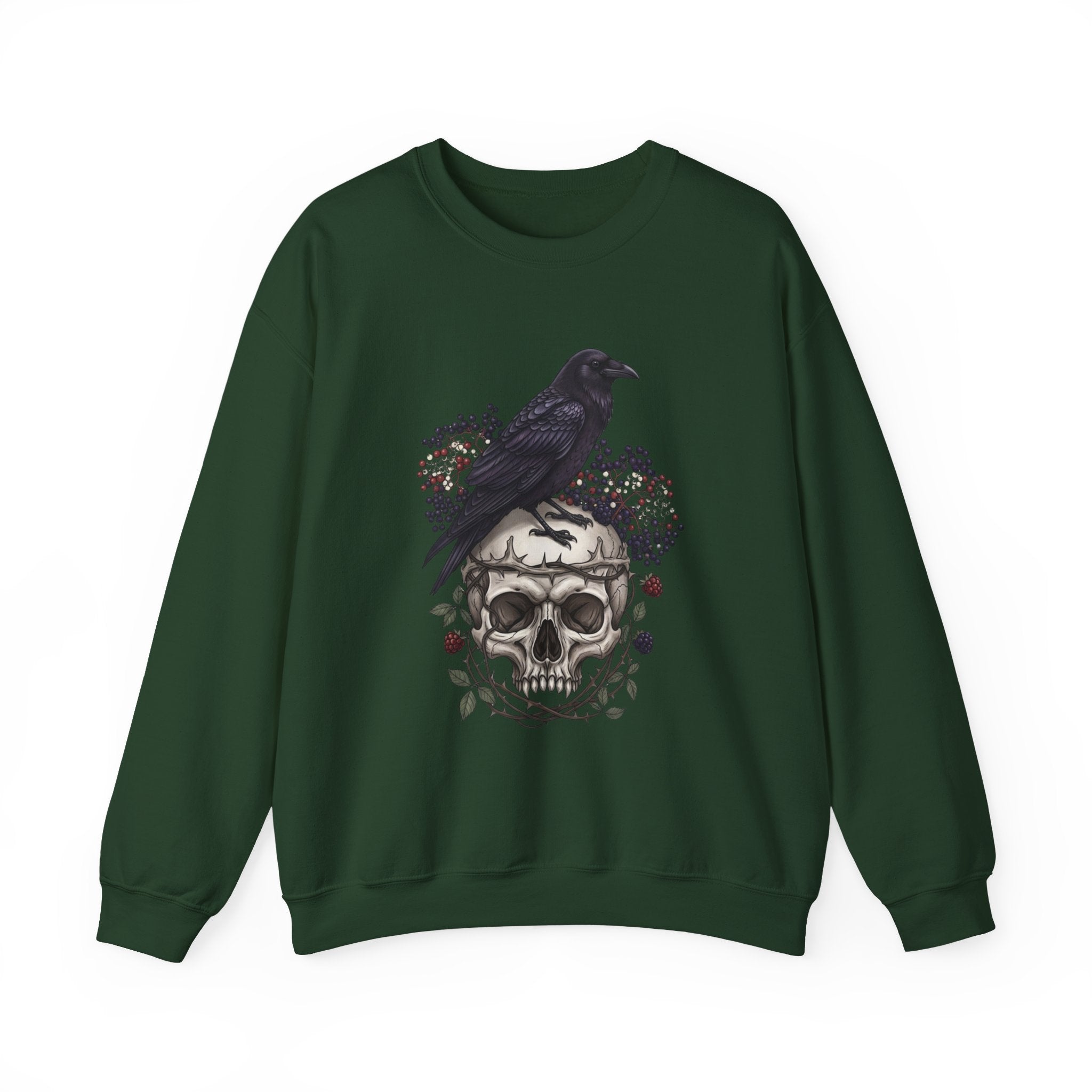 Skull & Raven Crewneck Sweatshirt — Gothic Skull, Raven & Floral Graphic