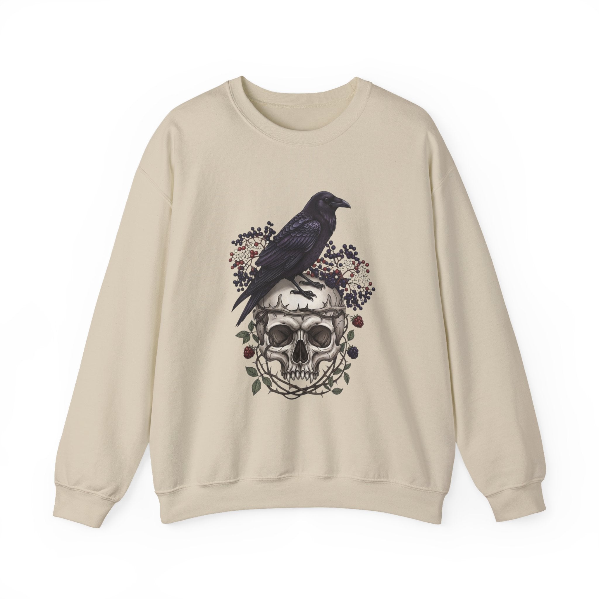 Skull & Raven Crewneck Sweatshirt — Gothic Skull, Raven & Floral Graphic