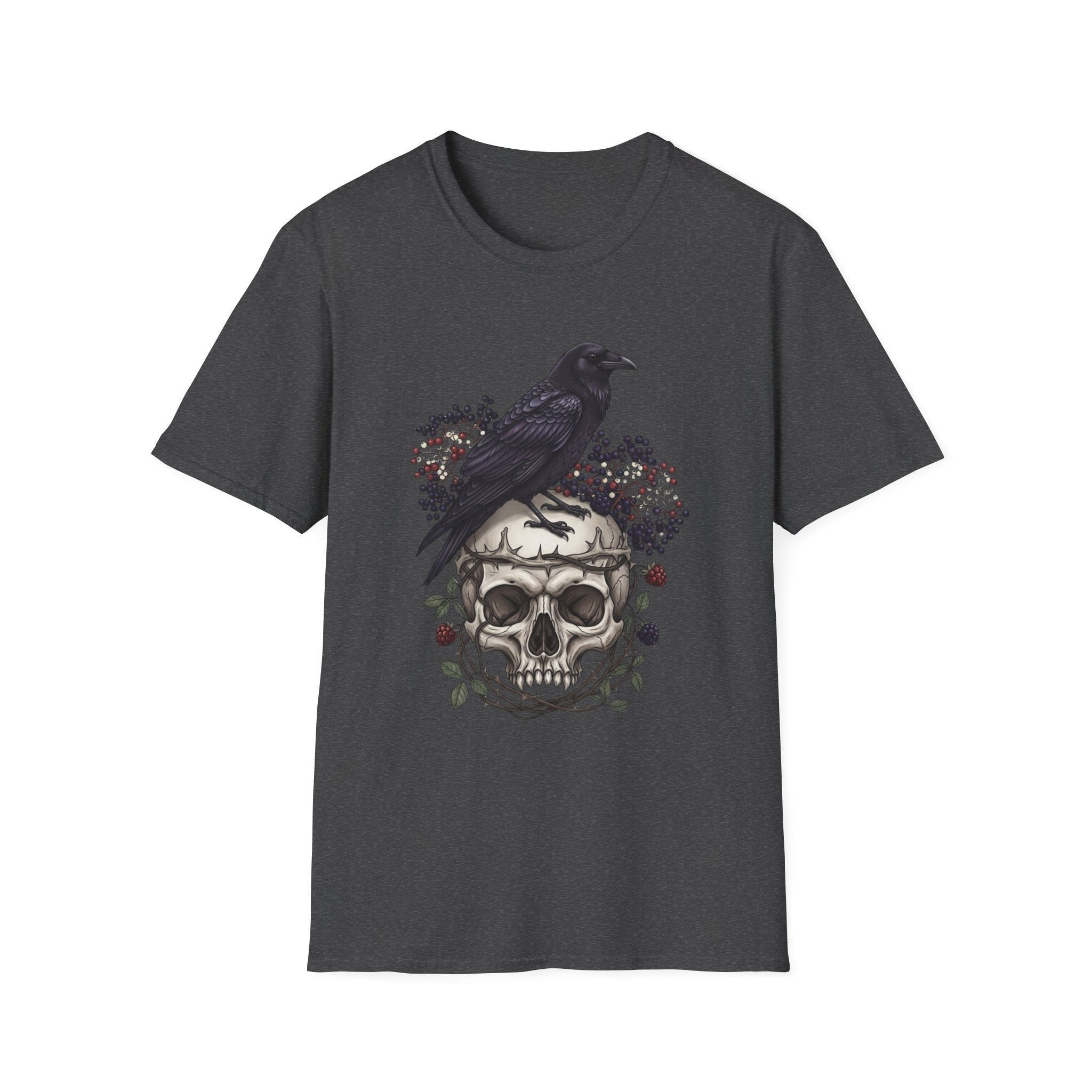 Raven on Skull Tee — Gothic Skull & Floral Graphic T-Shirt
