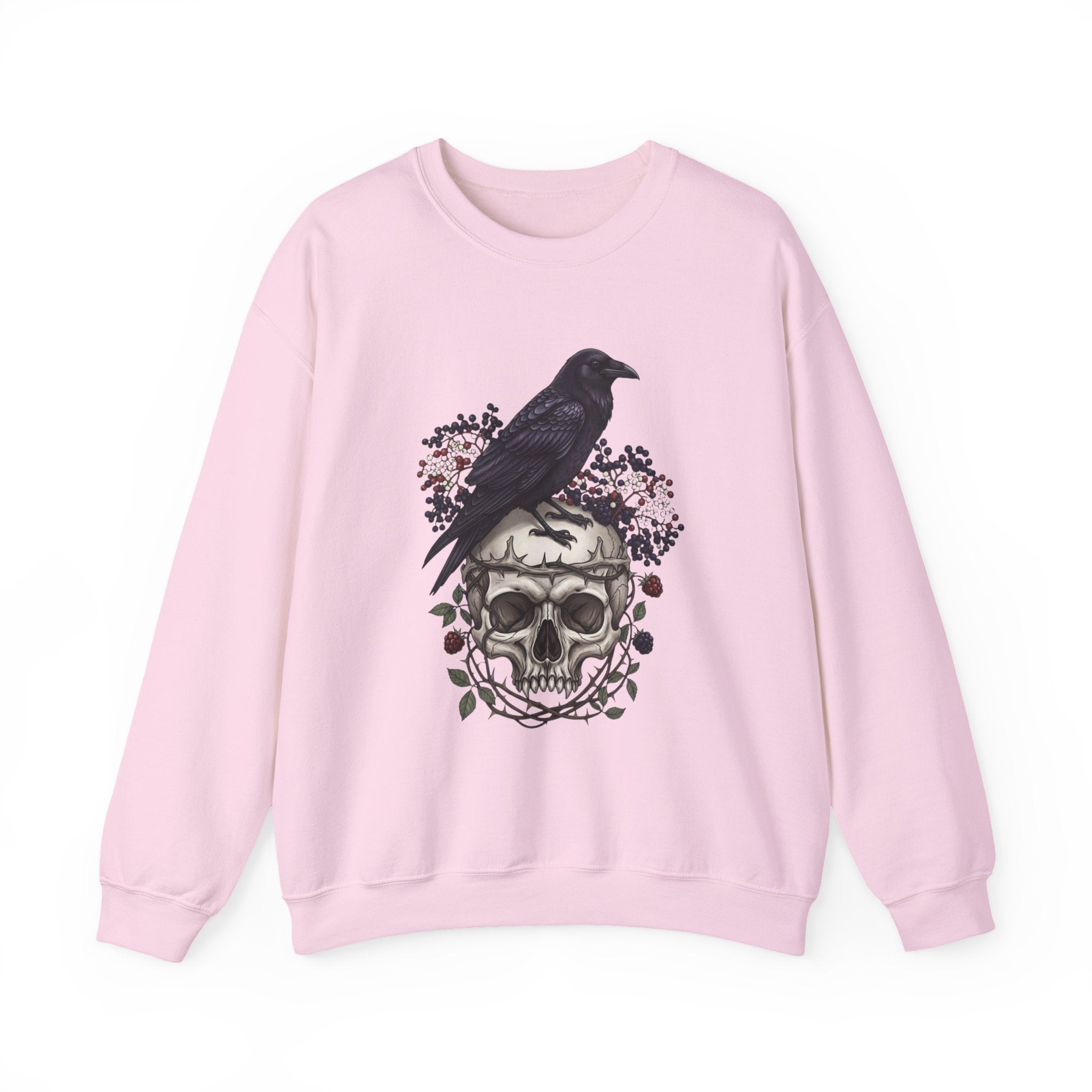 Skull & Raven Crewneck Sweatshirt — Gothic Skull, Raven & Floral Graphic